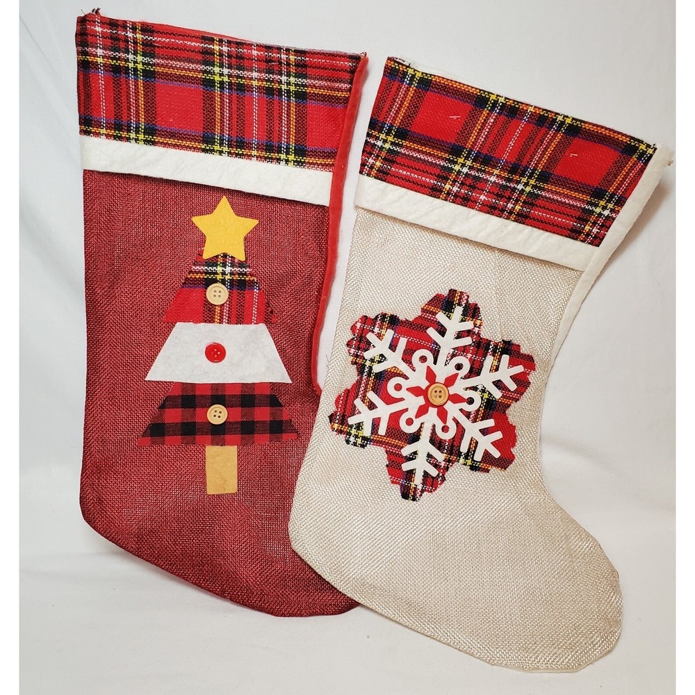 Set of 2 15"Christmas Stockings Folk Art Country Farmhouse style Preowned Unused